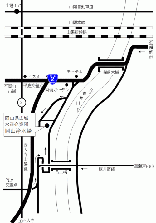 岡山浄水場への地図